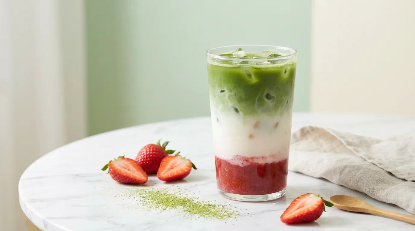 Braškinė matcha latte stiklinėje su šviežiomis braškėmis ir ledukais
