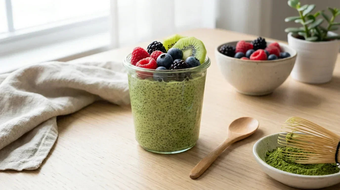 Matcha chia pudingas stiklainėlyje su šviežiomis uogomis ir kivi