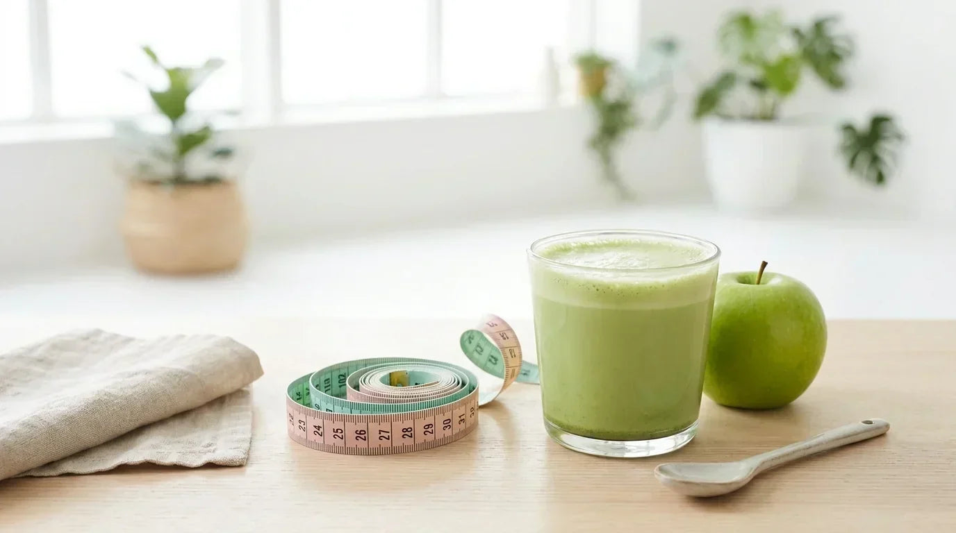 Matcha latte stiklinėje šalia centimetrinės juostos ir žalio obuolio