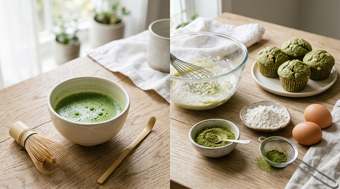Ceremoninė ir kulinarinė matcha – puodelis ir matcha kepiniai