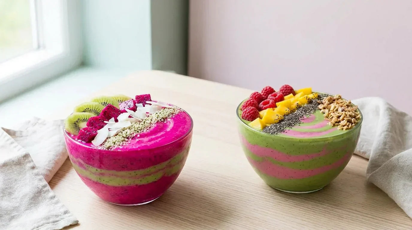 Rožinis drakono vaisiaus ir žalias matcha smoothie dubenėlis su vaisiais