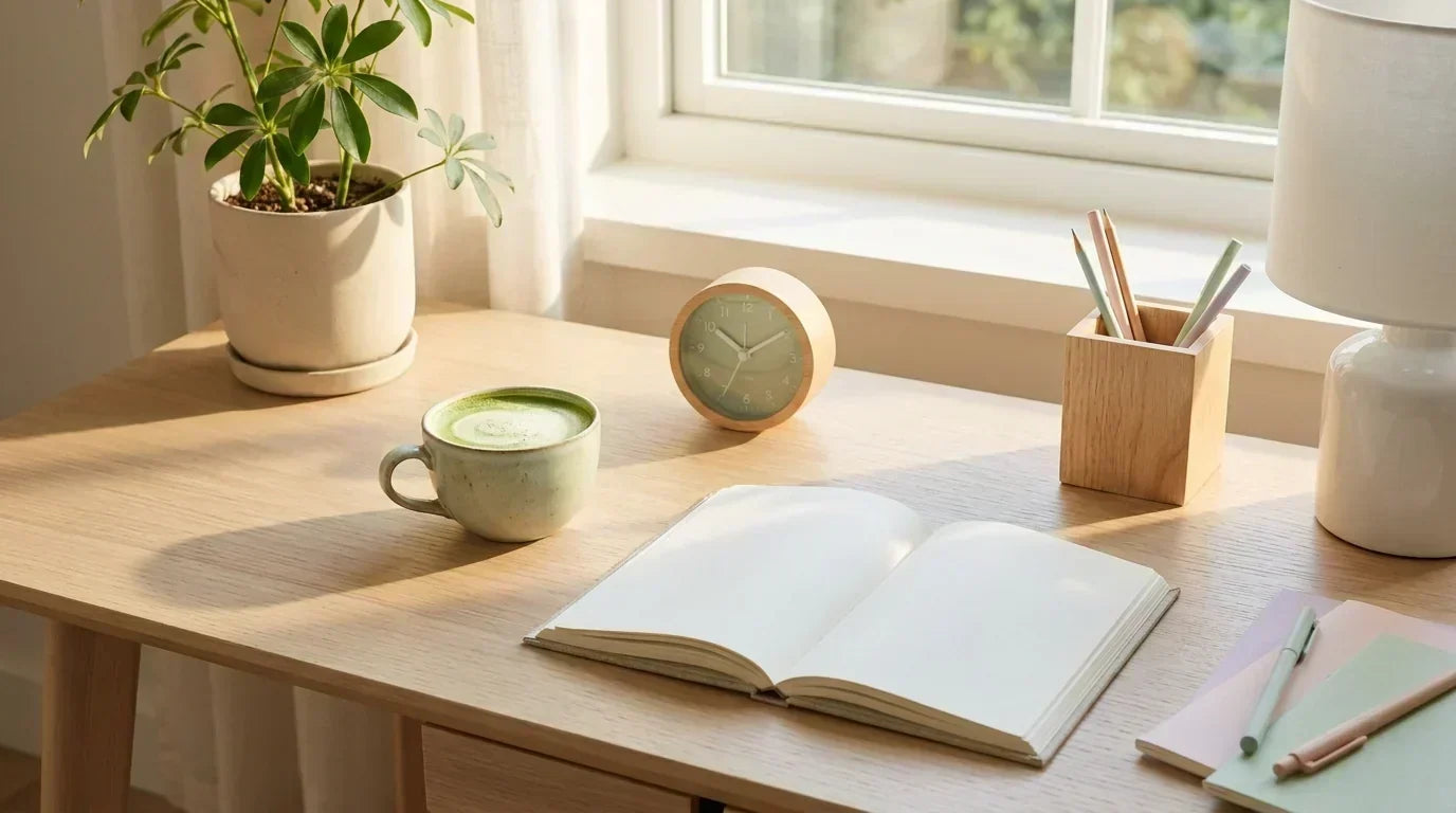 Matcha puodelis ant darbo stalo šalia užrašinės ir laikrodžio