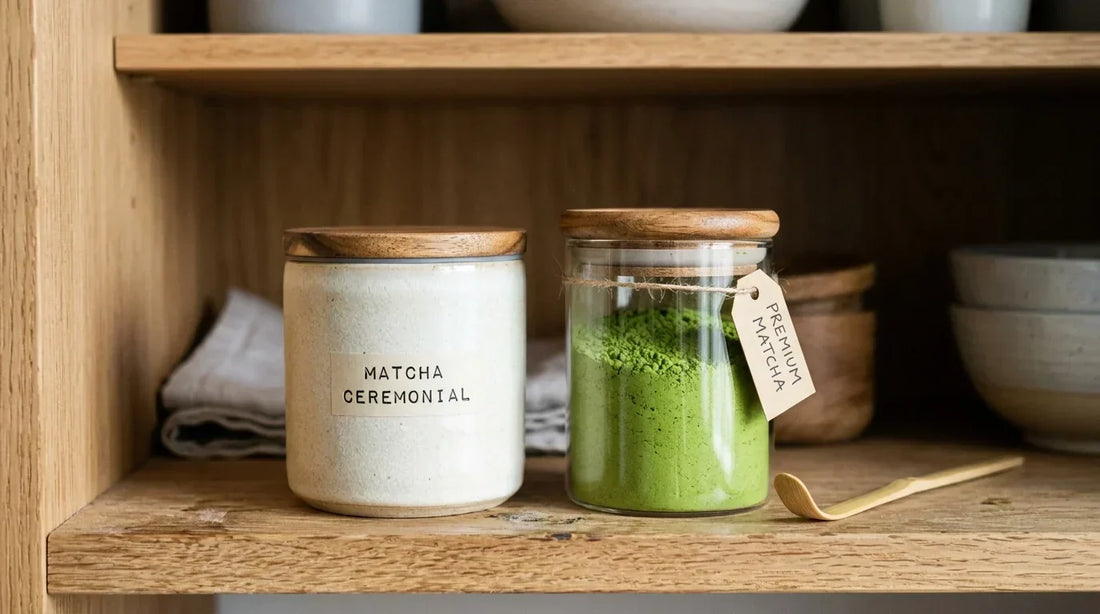 Matcha milteliai sandariame keramikiniame inde ir stiklainyje ant lentynos, saugomi nuo šviesos