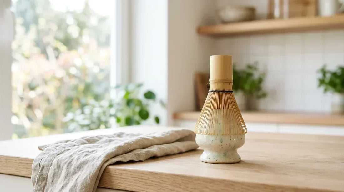 Bambukinė matcha šluotelė (chasen) džiūsta ant keramikinio laikiklio