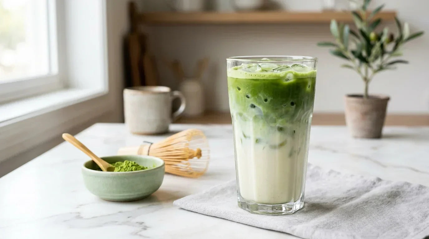 Ledinė matcha latte stiklinėje su ledukais ir bambukine šluotele