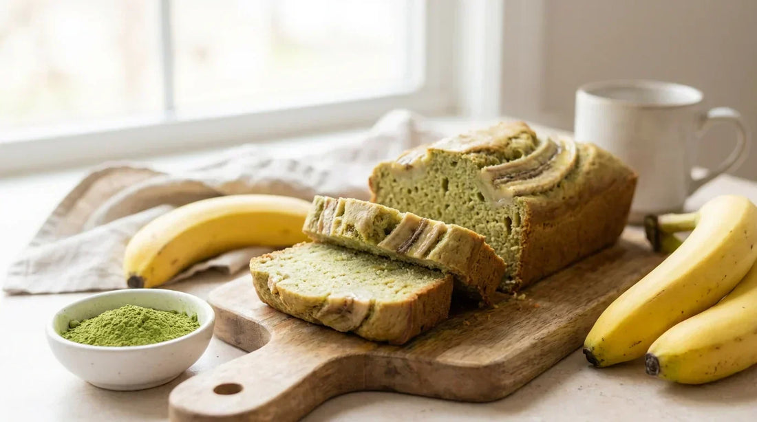 Matcha bananinė duona, supjaustyta, su žalsvu minkštimu ant medinės lentelės