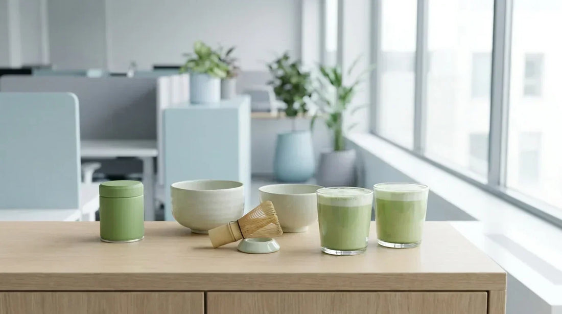 Matcha kampelis biuro virtuvėje su dubenėliais ir šluotele