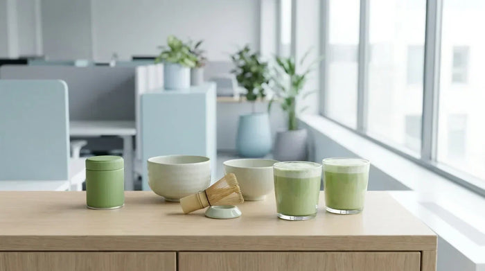 Matcha kampelis biuro virtuvėje su dubenėliais ir šluotele