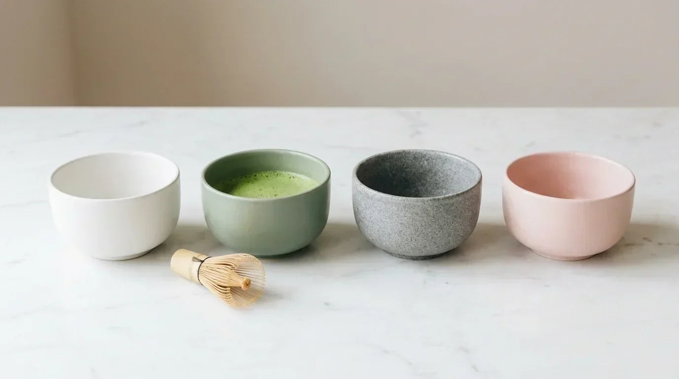 Keturi keramikiniai matcha dubenėliai (chawan) skirtingų spalvų