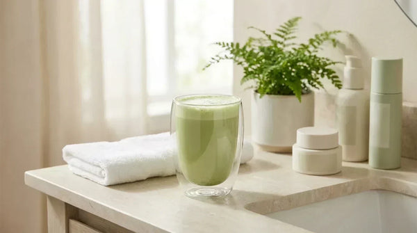 Kreminis matcha latte šalia rankluosčio ir odos priežiūros priemonių