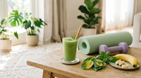 Matcha smoothie šalia jogos kilimėlio ir hantelio