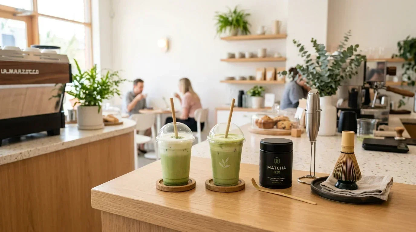Matcha latte kavinės bare su milteliais ir pieno plaktuvu