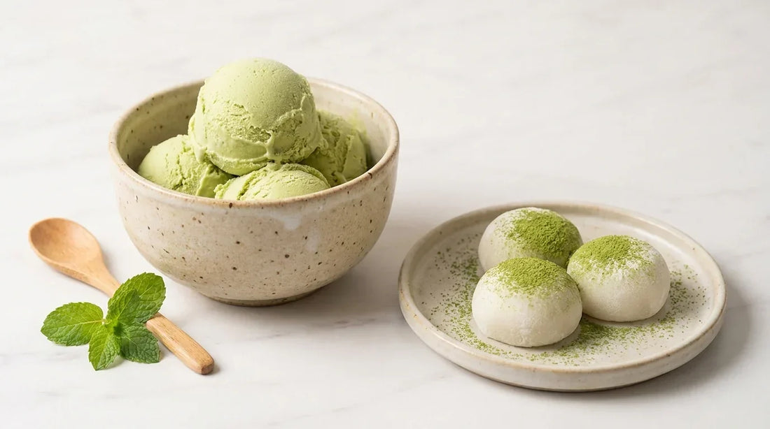 Matcha ledai dubenėlyje ir mochi rutuliukai su matcha milteliais