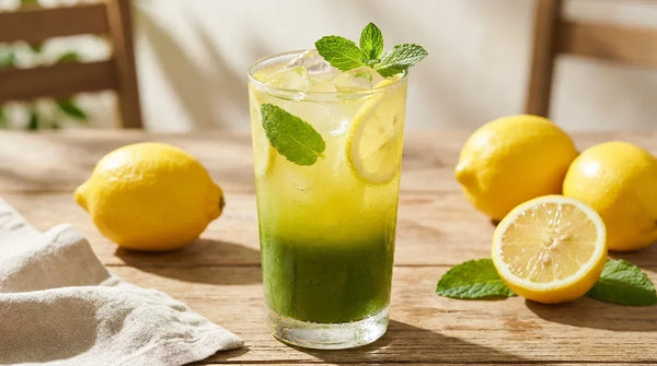 Gaivus matcha limonadas su ledukais, citrinomis ir mėtomis