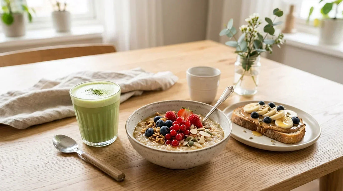 Matcha latte šalia avižių košės su uogomis ant pusryčių stalo