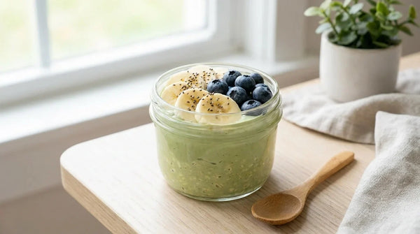 Matcha overnight oats stiklainėlyje su bananu ir mėlynėmis