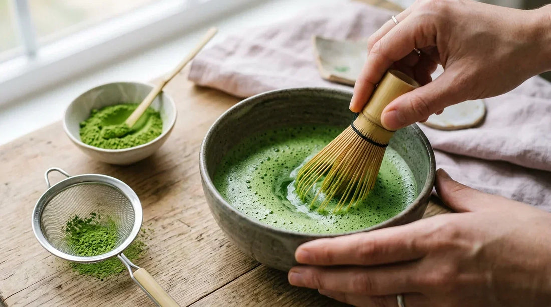 Matcha plakimas bambukine šluotele su sieteliu – tinkamas ruošimas