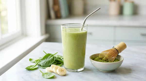 Kreminis matcha smoothie stiklinėje su bananu ir špinatais