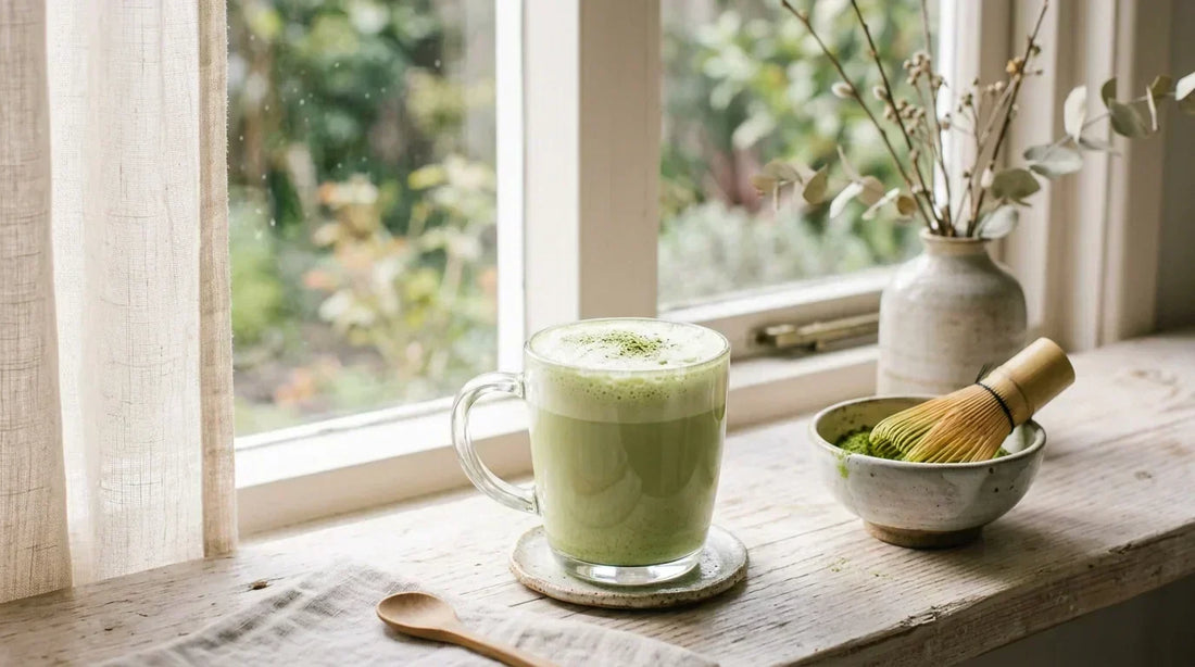 Rytinis matcha latte su kolagenu prie lango