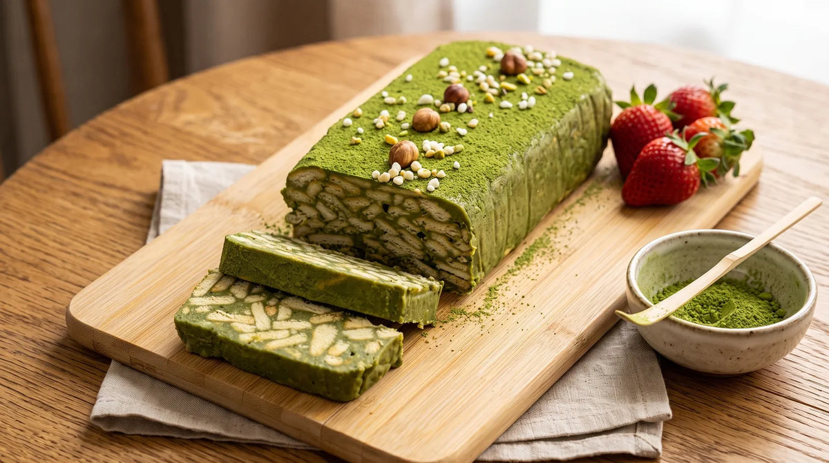 Matcha tinginys – žalias desertas be kepimo, supjaustytas riekėmis