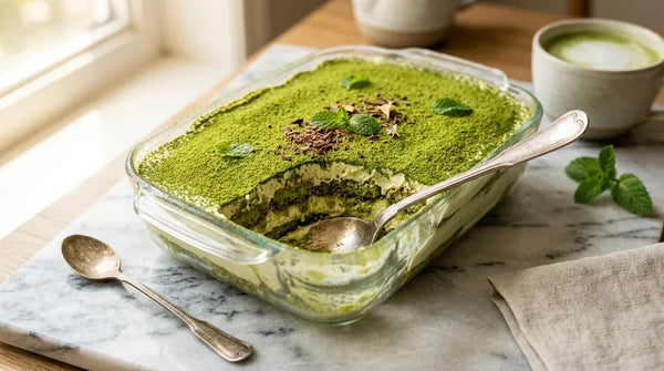 Matcha tiramisu stikliniame inde su mascarpone sluoksniais