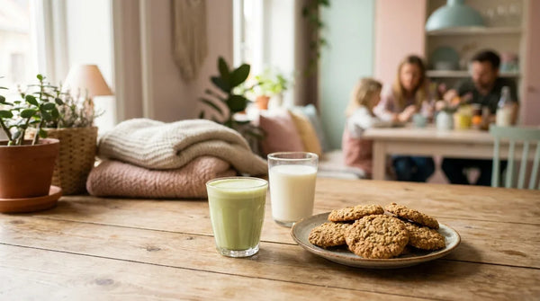 Švelnus matcha pieno gėrimas šalia pieno stiklinės ir sausainių