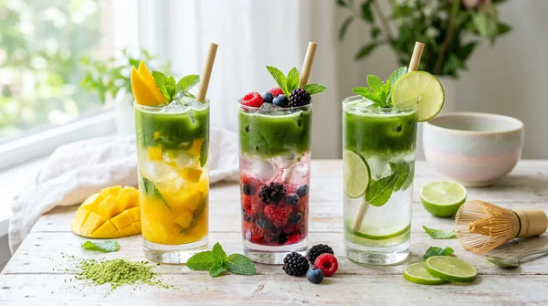 Trys vasariški matcha kokteiliai su mango, uogomis ir laimu