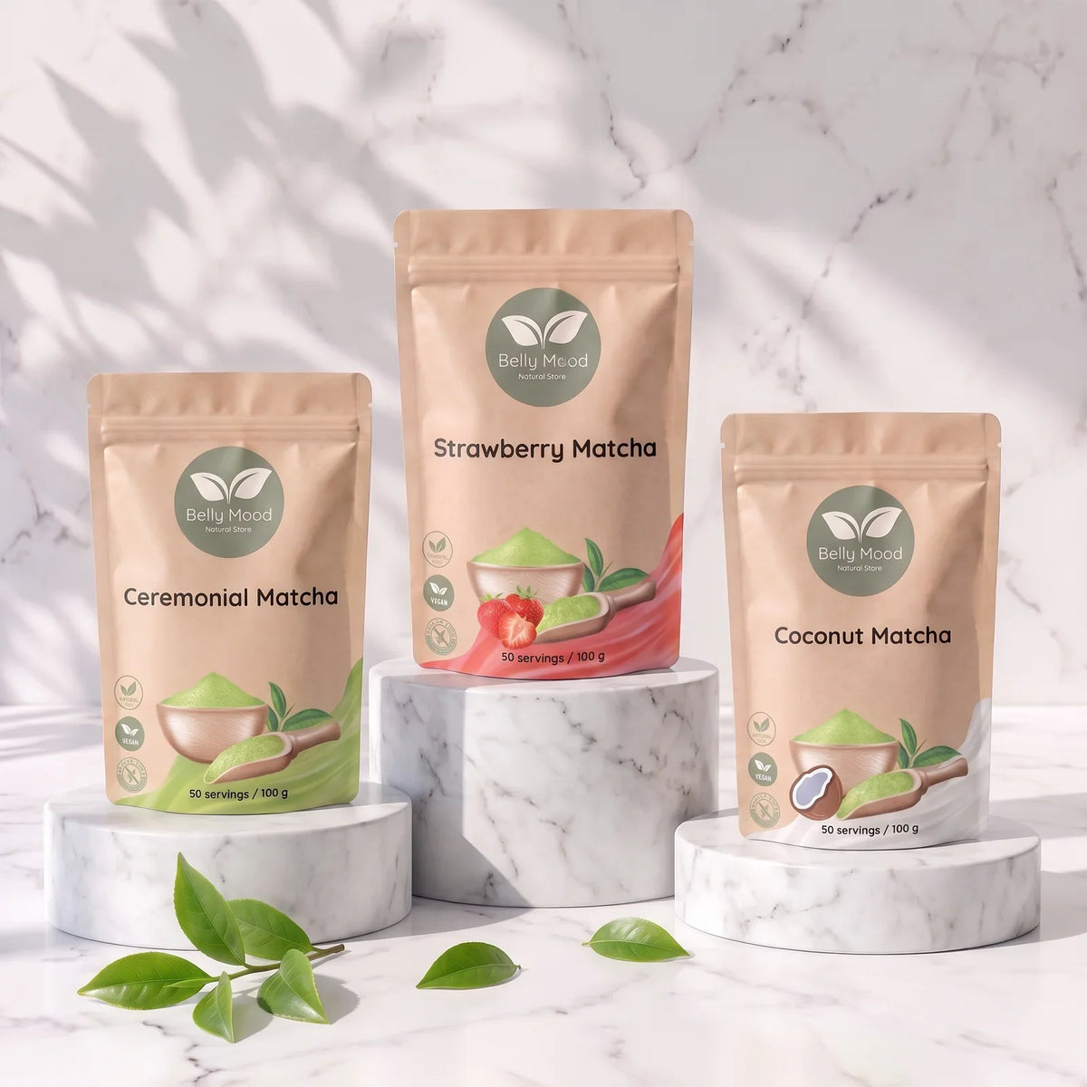 Perkamiausi Belly Mood produktai – braškių, ceremoninė ir kokosų matcha
