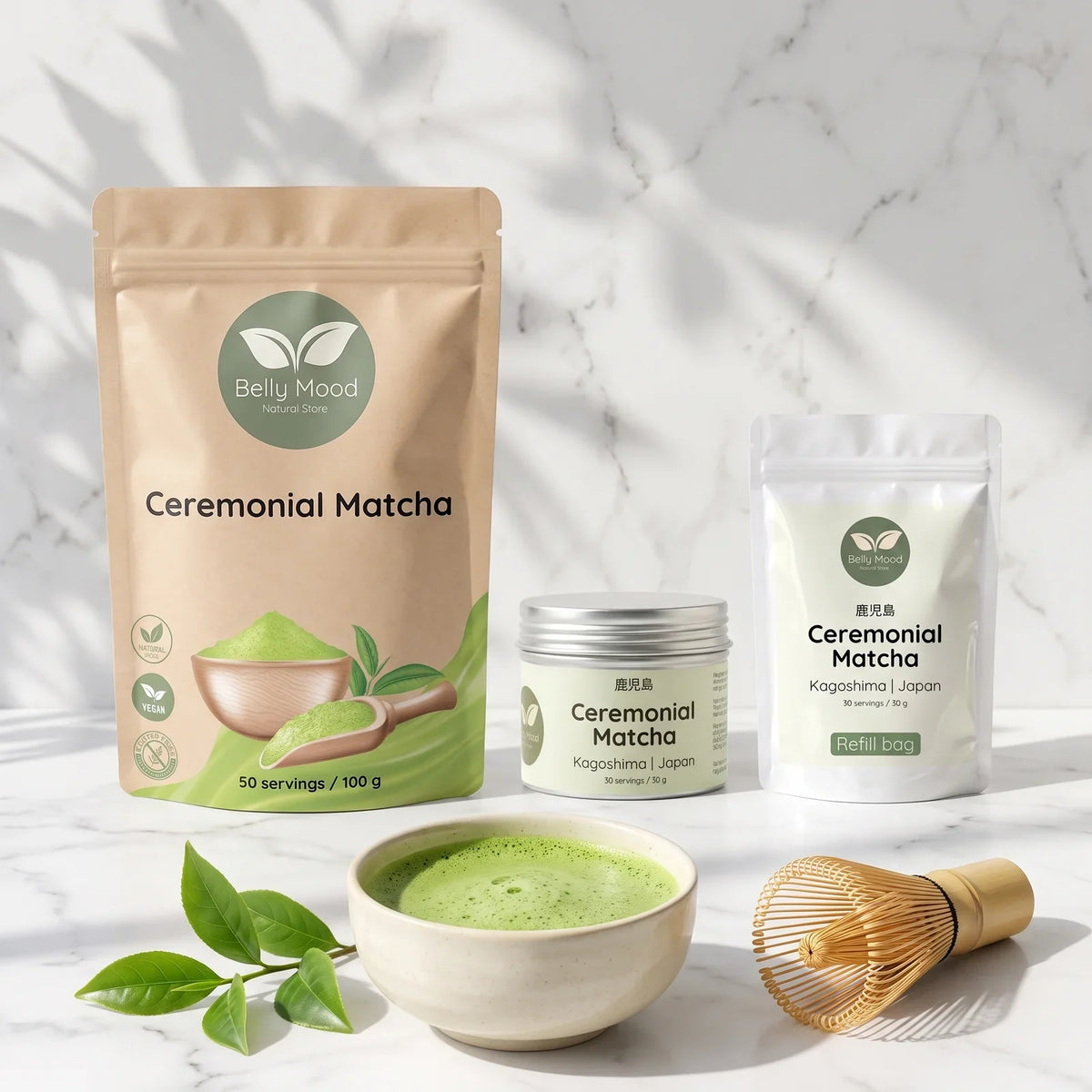 Ceremoninė matcha – Belly Mood ceremoninė matcha, Premium skardinė ir papildymo pakelis su matcha dubenėliu