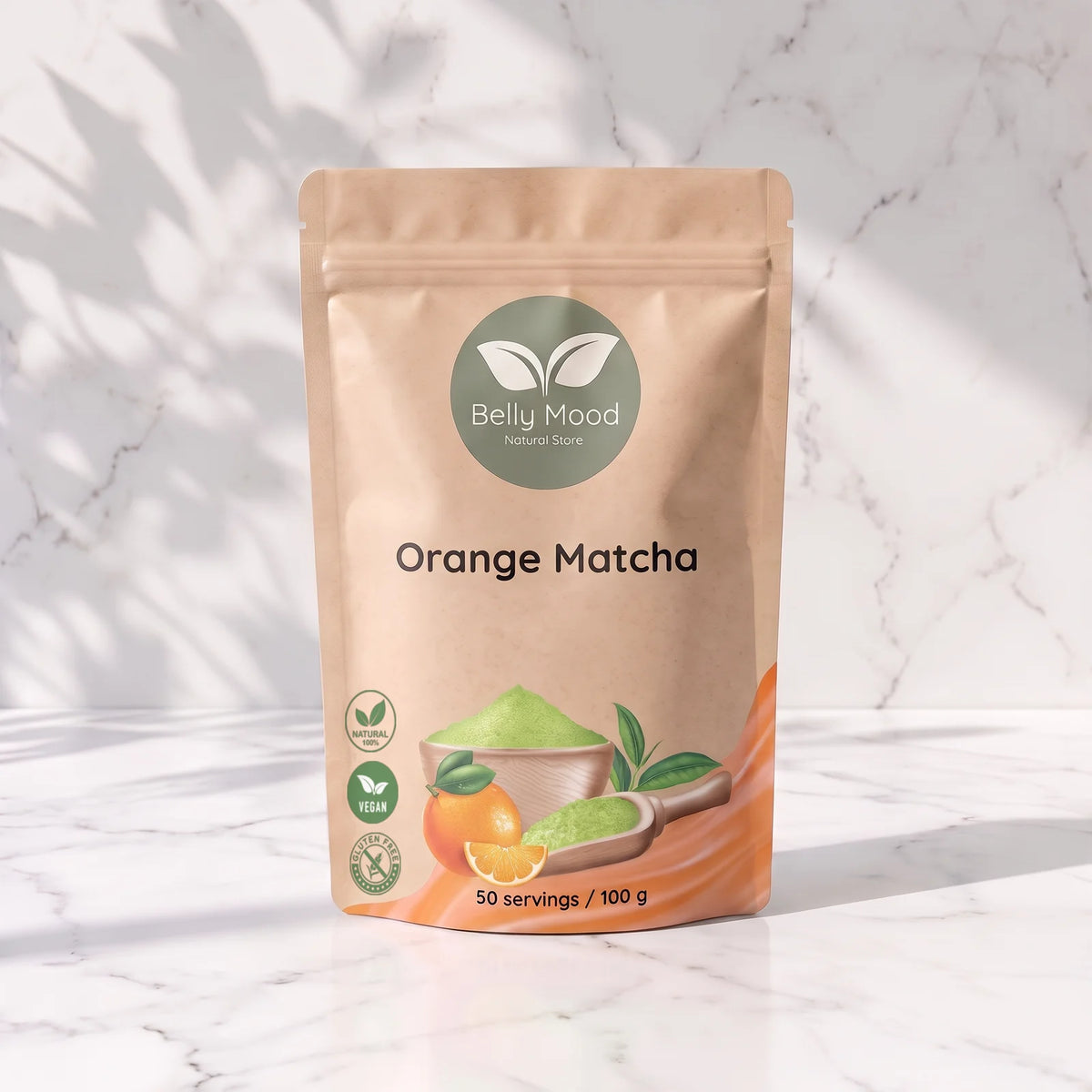 Apelsininė matcha 100 g – Belly Mood pakelis