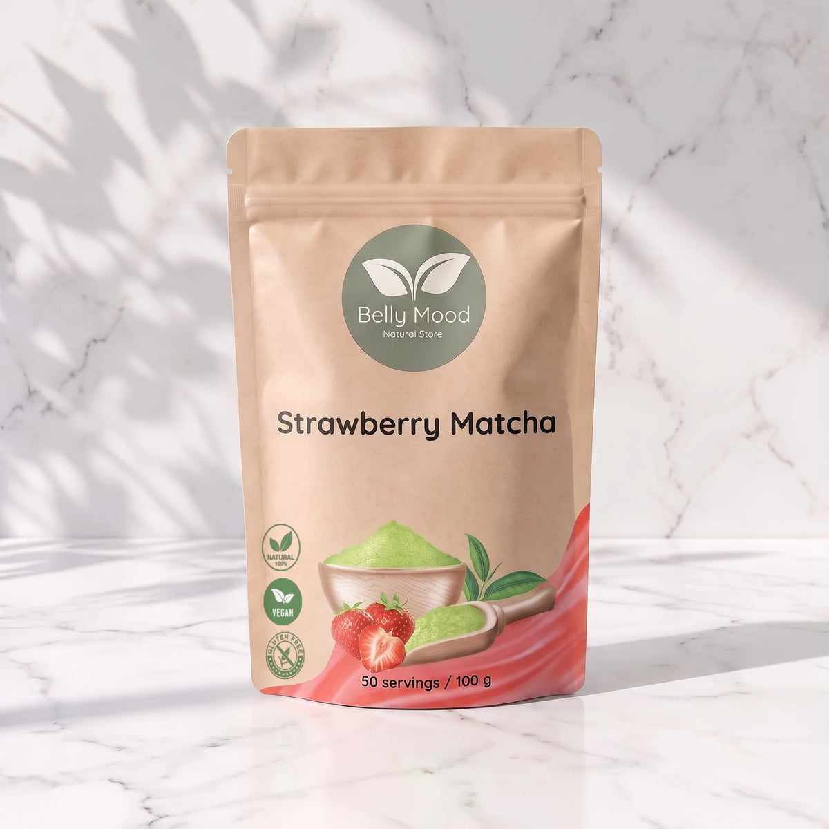 Braškinė matcha 100 g – Belly Mood pakelis