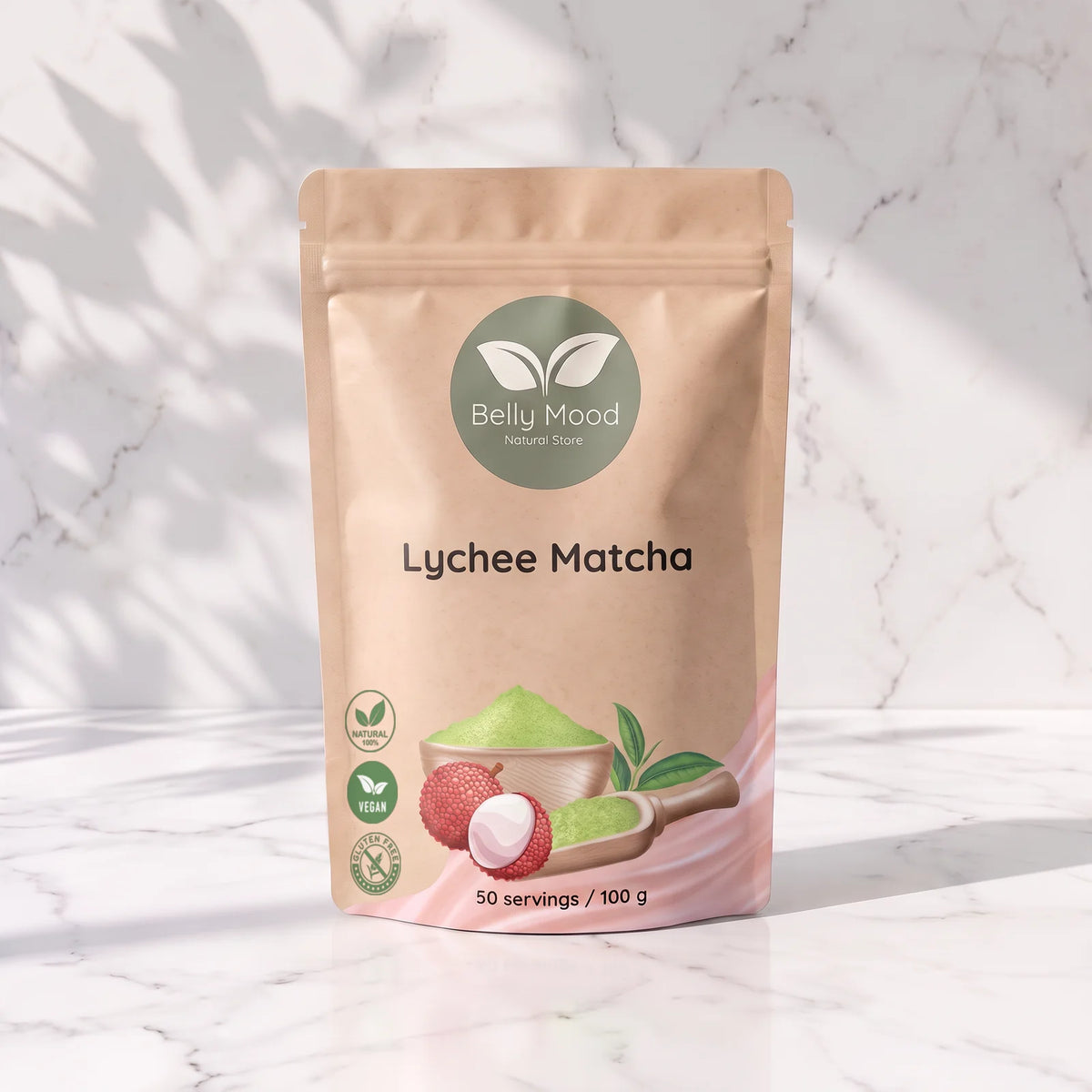 Ličių matcha 100 g – Belly Mood pakelis
