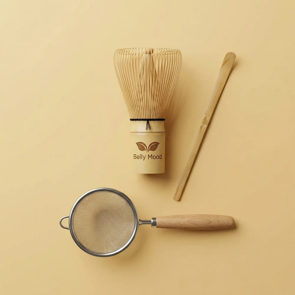 Matcha šluotelė, sietelis, šaukštelis