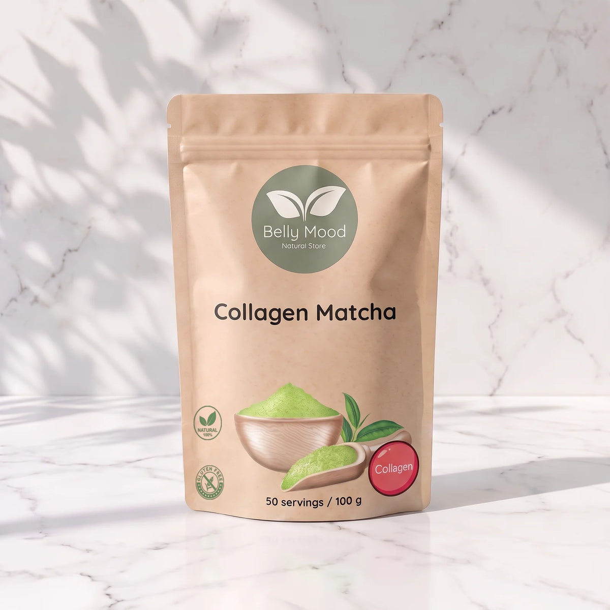 Matcha su jūriniu kolagenu 100 g – Belly Mood pakelis