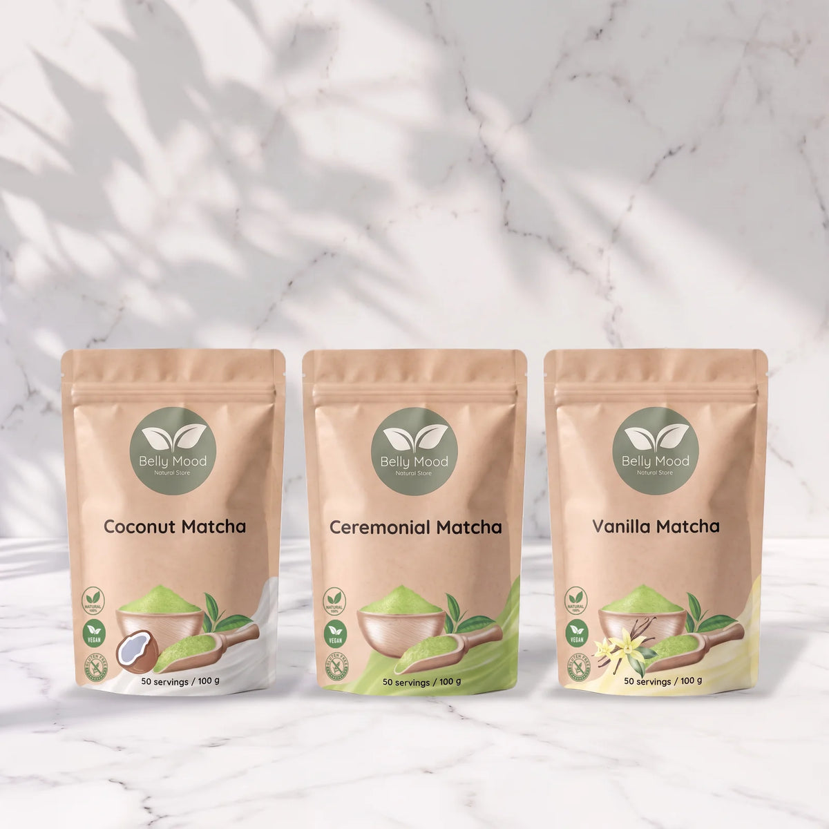 Skonių Harmonija matcha rinkinys – kokosų, ceremoninė ir vanilinė matcha – Belly Mood