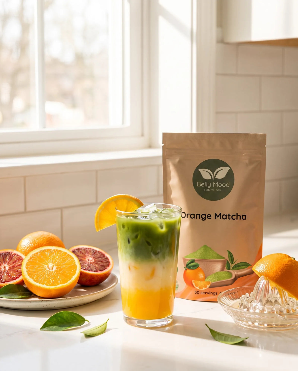 Apelsininė matcha latte su apelsinų griežinėliais saulėtoje virtuvėje – Belly Mood