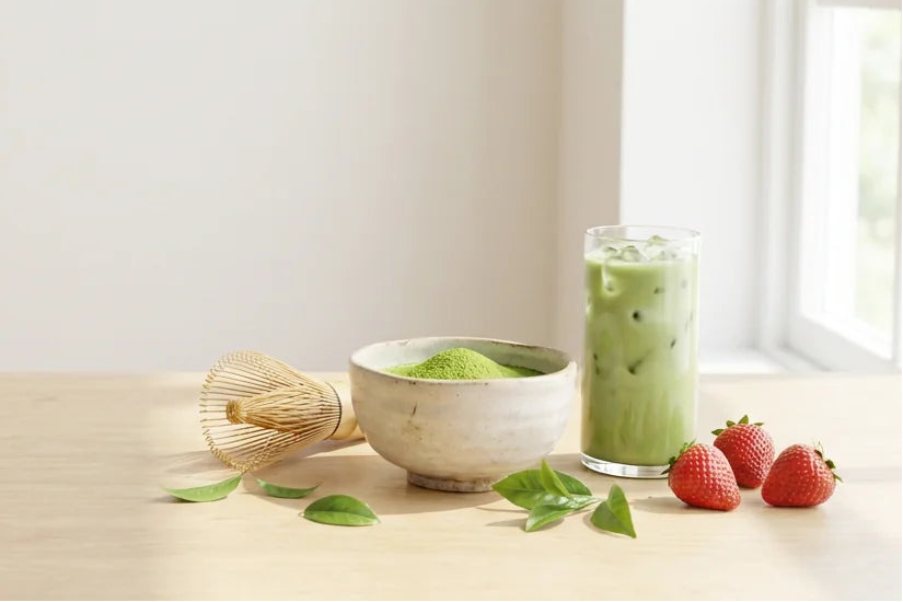 Belly Mood matcha – dubenėlis su matcha milteliais, bambukinė šluotelė ir ledinė matcha latte