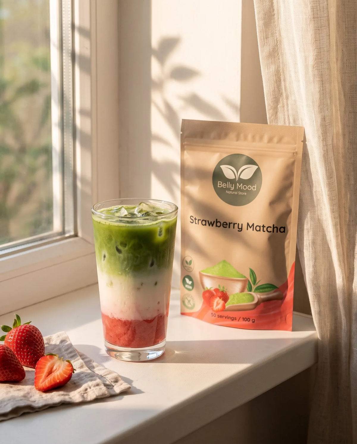 Braškinė matcha latte su šviežiomis braškėmis ant palangės – Belly Mood