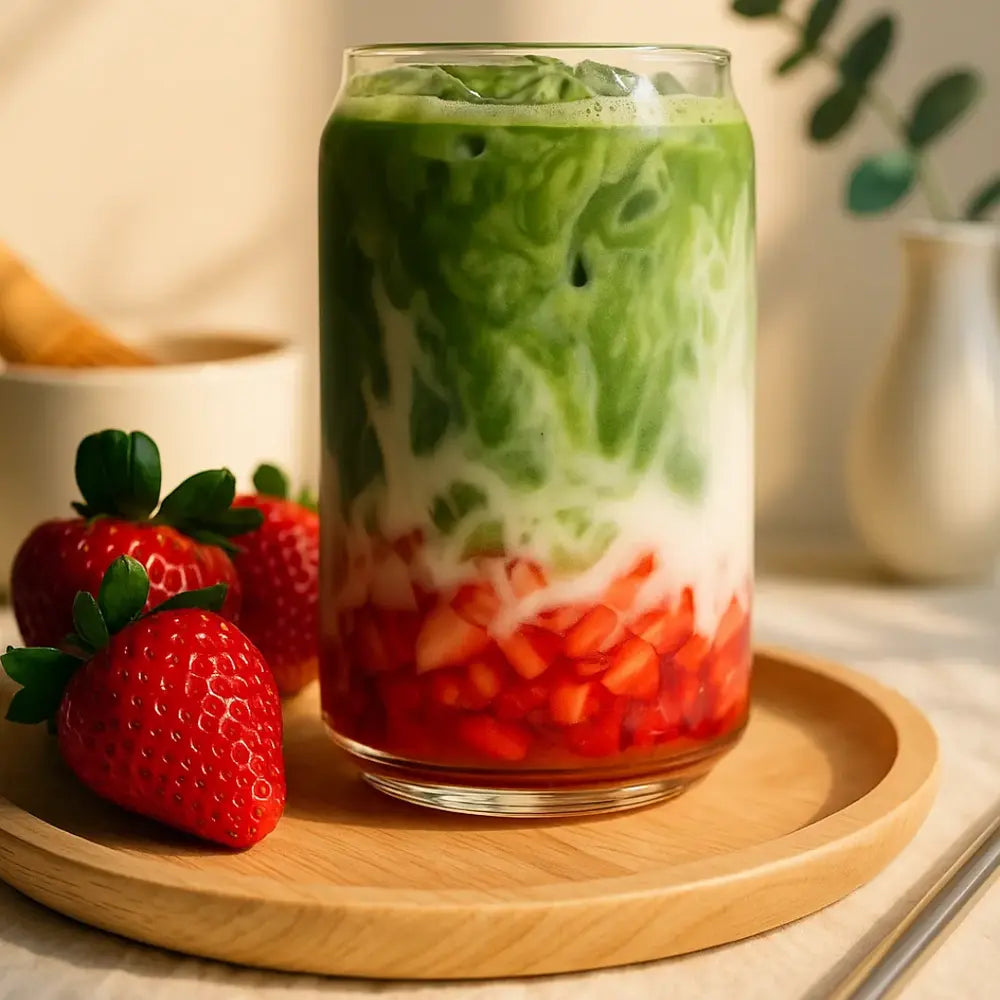 braškinė matcha latte su braškėmis