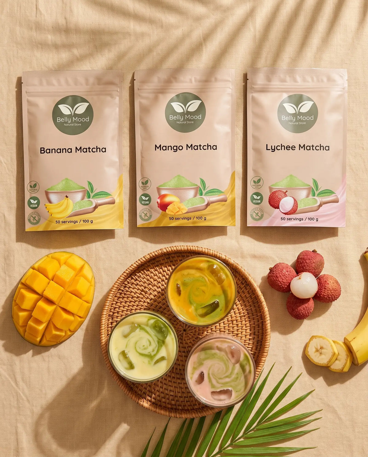 Egzotinis matcha rinkinys – bananinė, mangų ir ličių matcha su ledinėmis latte ir tropiniais vaisiais – Belly Mood