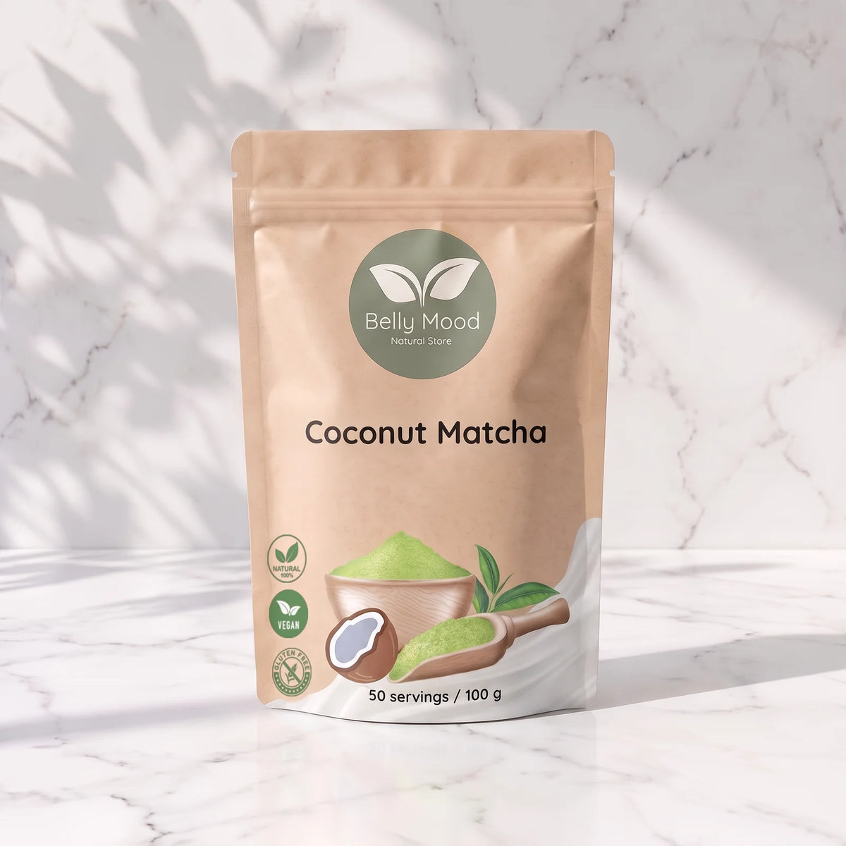 Kokosinė matcha 100 g – Belly Mood pakelis