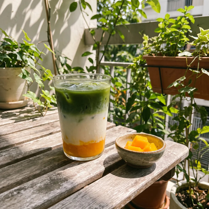 Ledinė mangų matcha latte ant balkono staliuko