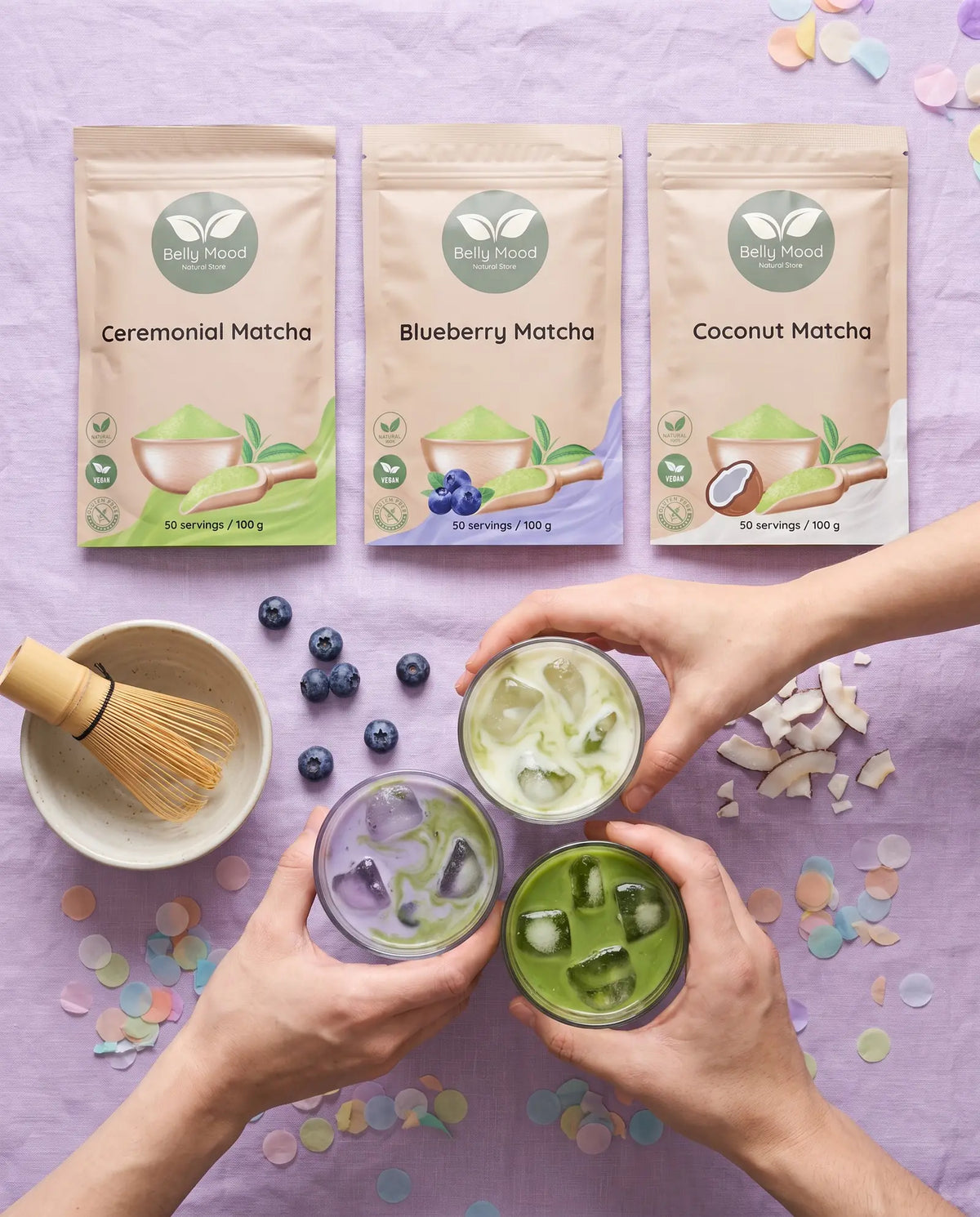Matcha Fiesta rinkinys – ceremoninė, mėlynių ir kokosinė matcha, trys ledinės latte – Belly Mood