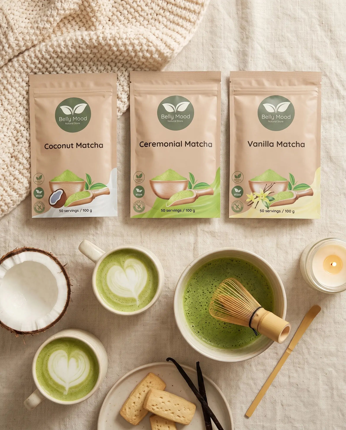 Skonių Harmonija matcha rinkinys – kokosinė, ceremoninė ir vanilinė matcha su karštomis latte – Belly Mood