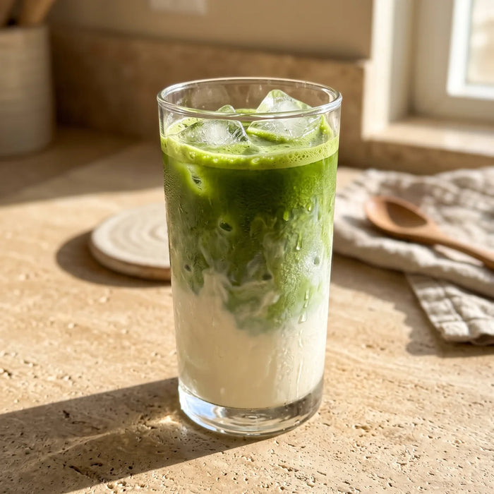 Sluoksniuota ledinė matcha latte stiklinėje saulės šviesoje