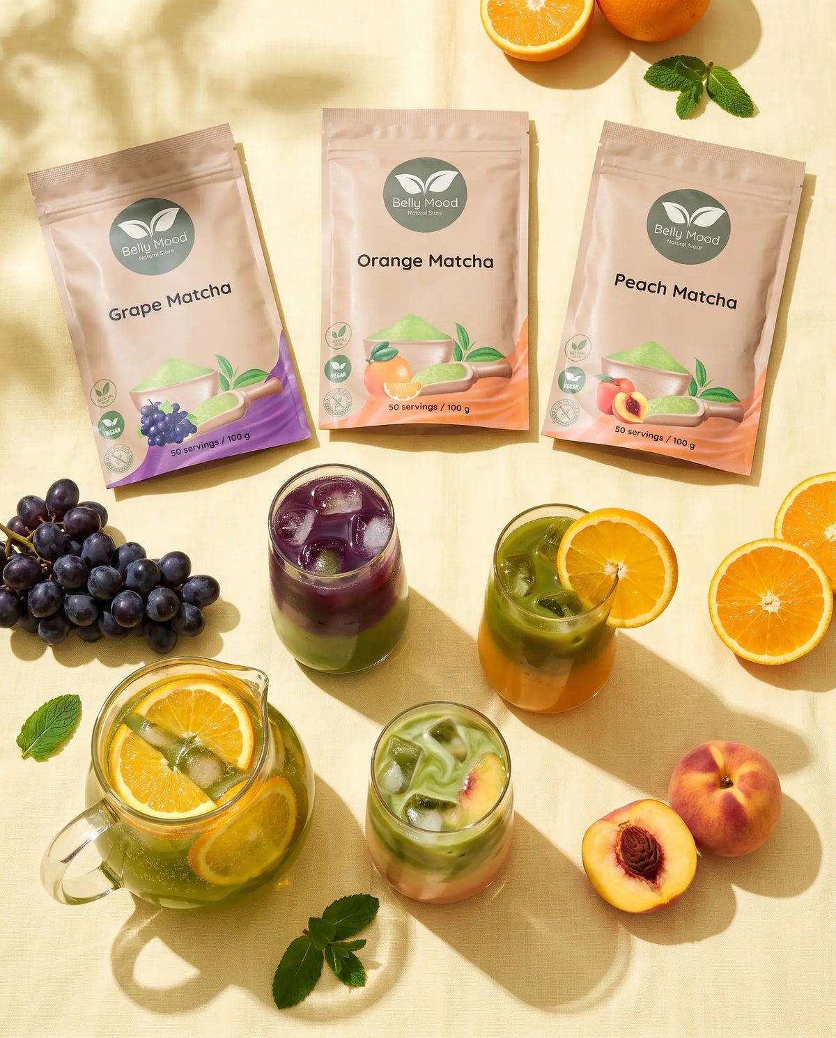 Vaisinė gaiva matcha rinkinys – vynuoginė, apelsininė ir persikinė matcha su matcha limonadu – Belly Mood