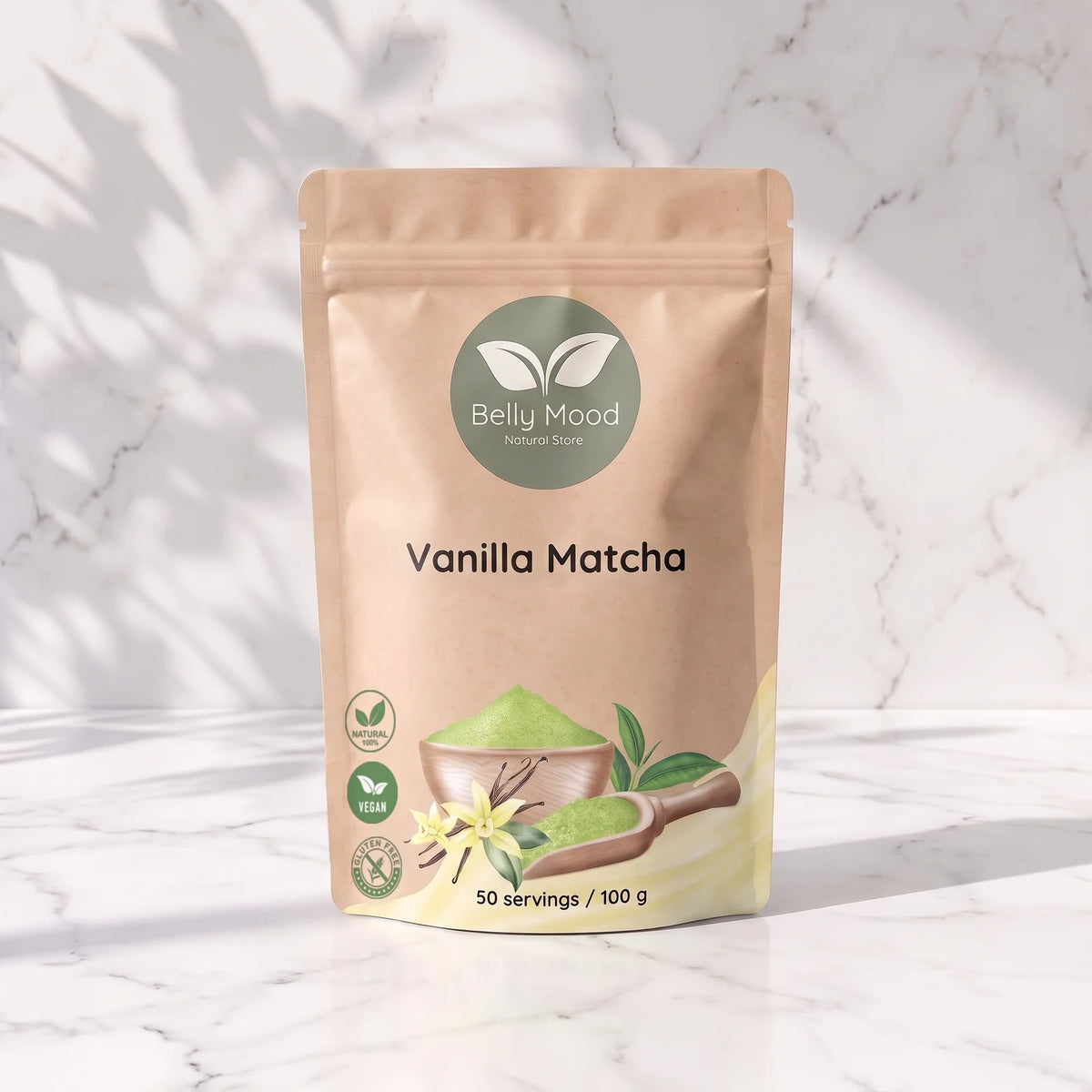 Vanilinė matcha 100 g – Belly Mood pakelis